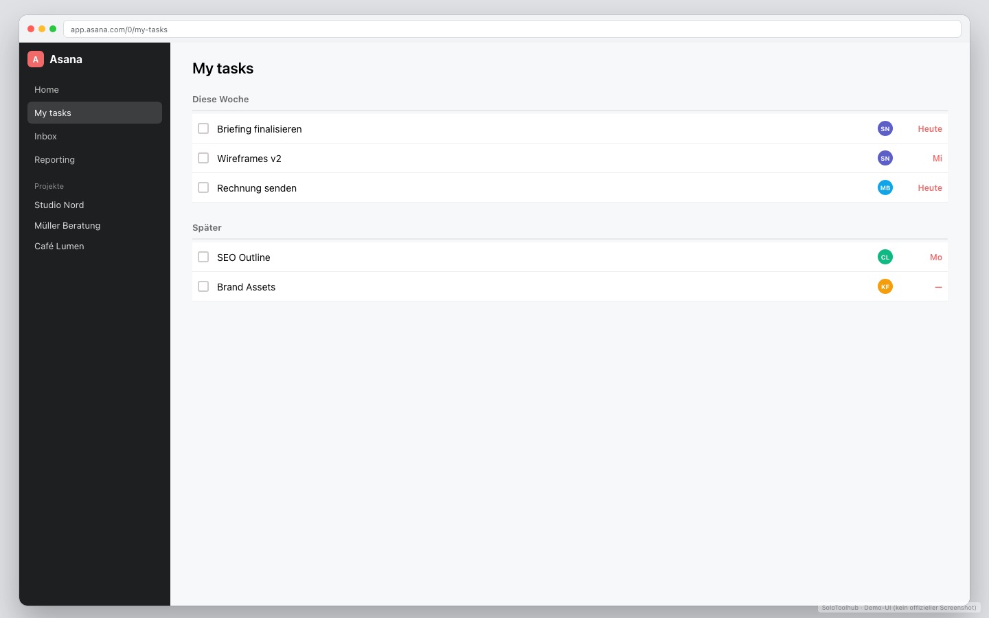 Asana – Dashboard · Arbeitsansicht (Demo-UI mit Freelancer-Demodaten, kein offizieller Screenshot)