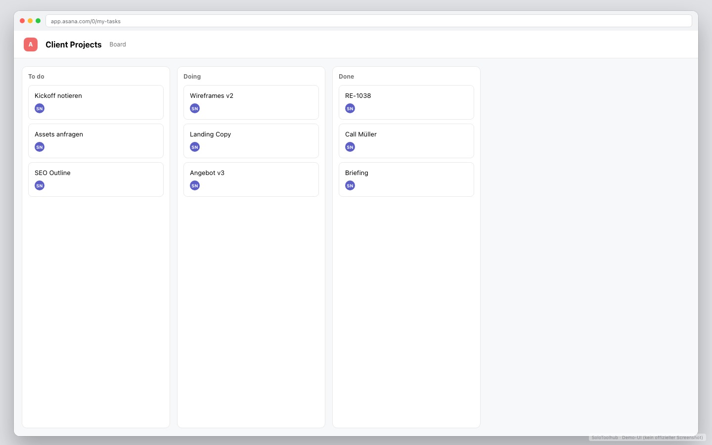 Asana – Board / Workflow (Demo-UI mit Freelancer-Demodaten, kein offizieller Screenshot)