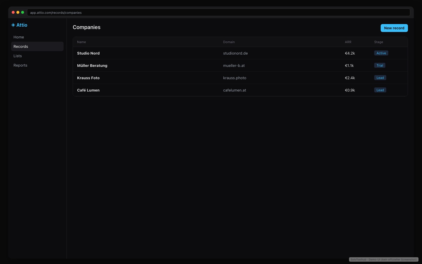 Attio – Board / Workflow (Demo-UI mit Freelancer-Demodaten, kein offizieller Screenshot)