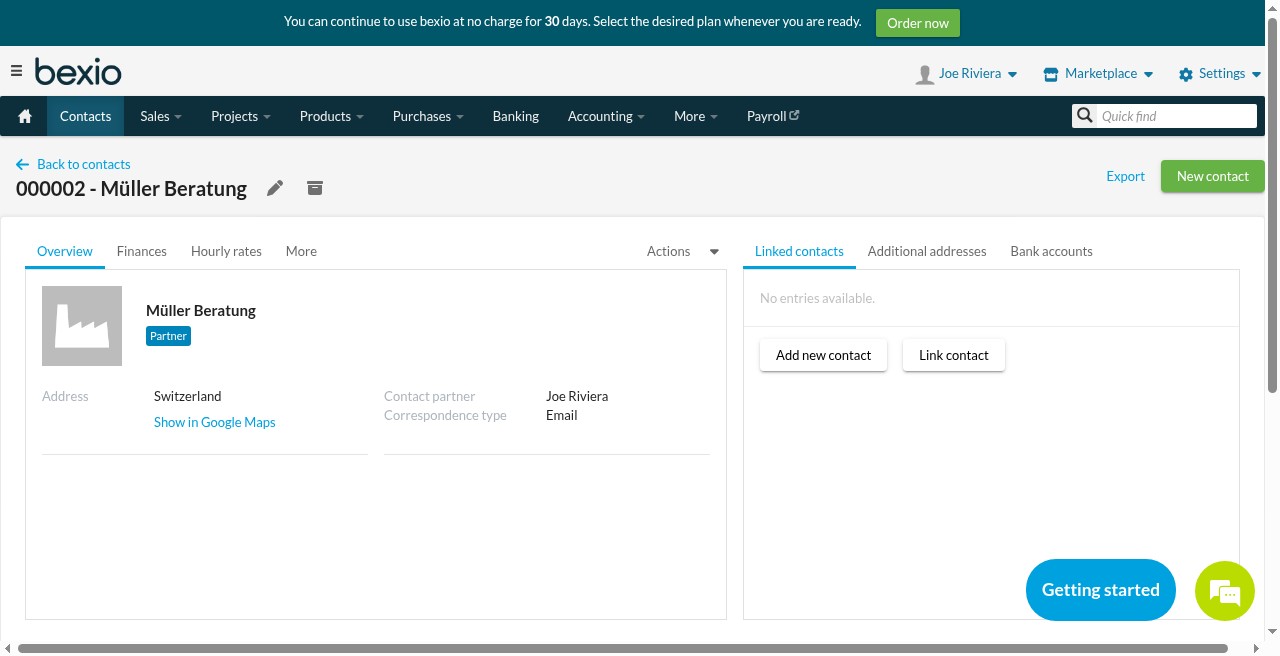 bexio – Kontakte. Real UI from a free/trial account (demo data Studio Nord / Müller Beratung) · as of 21 Sep 2026 · no affiliate