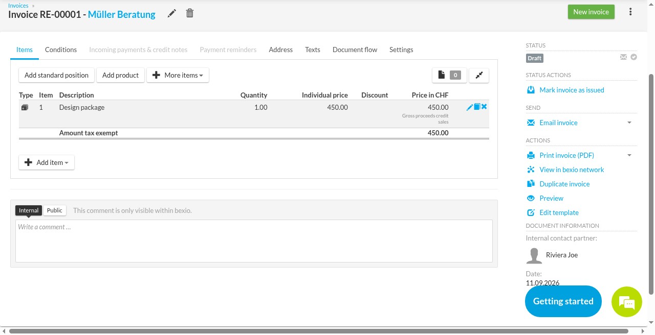 bexio – Rechnung. Real UI from a free/trial account (demo data Studio Nord / Müller Beratung) · as of 21 Sep 2026 · no affiliate