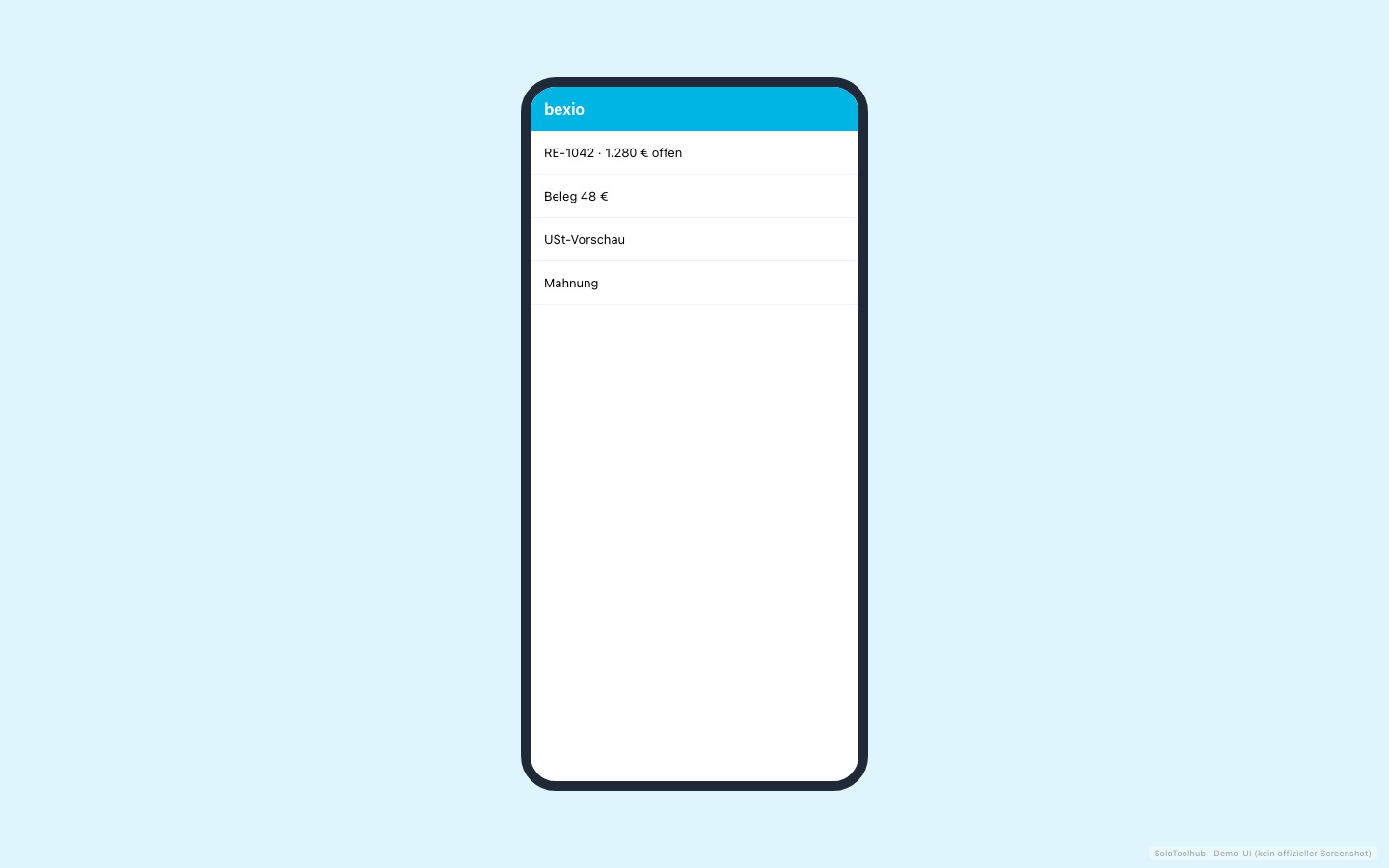 bexio – Mobile (Demo-UI mit Freelancer-Demodaten, kein offizieller Screenshot)