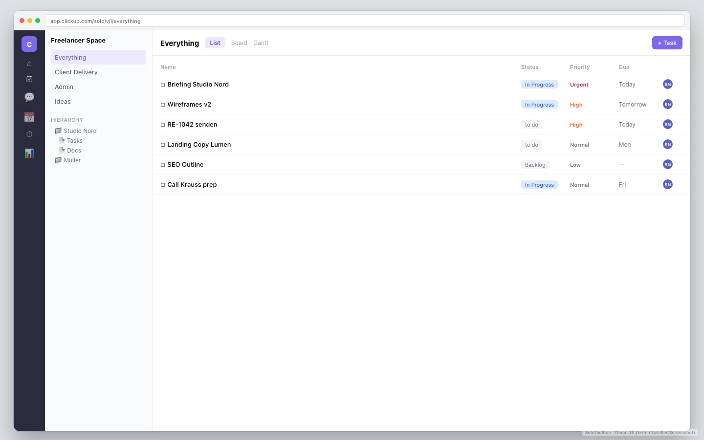 ClickUp – Dashboard · Arbeitsansicht (Demo-UI mit Freelancer-Demodaten, kein offizieller Screenshot)