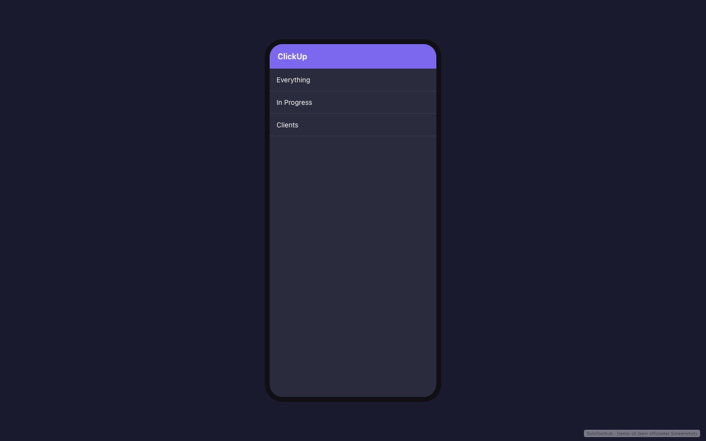 ClickUp – Mobile (Demo-UI mit Freelancer-Demodaten, kein offizieller Screenshot)