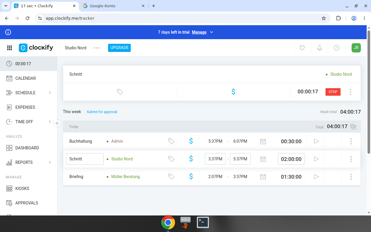Clockify – Dashboard. Real UI from a free/trial account