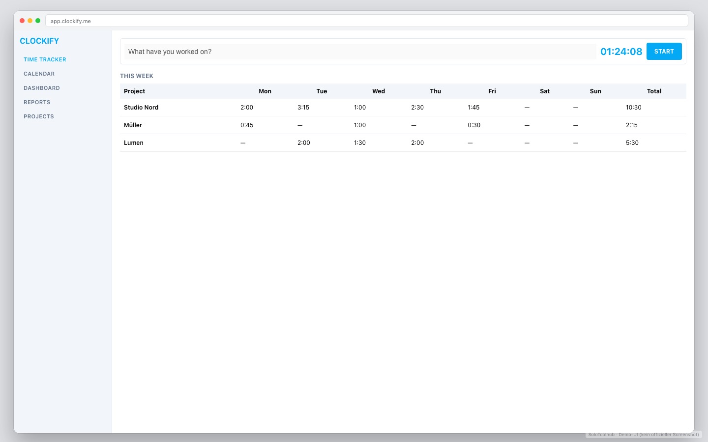 Clockify – Board / Workflow (Demo-UI mit Freelancer-Demodaten, kein offizieller Screenshot)