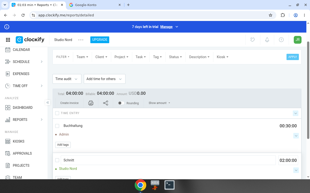 Clockify – Liste. Real UI from a free/trial account