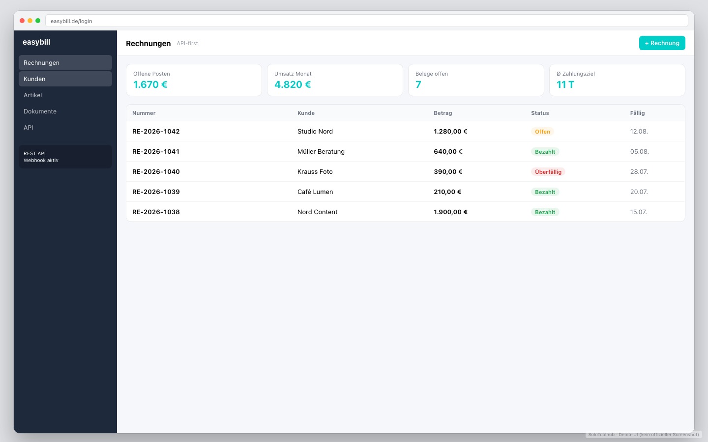 easybill – Dashboard · Arbeitsansicht (Demo-UI mit Freelancer-Demodaten, kein offizieller Screenshot)