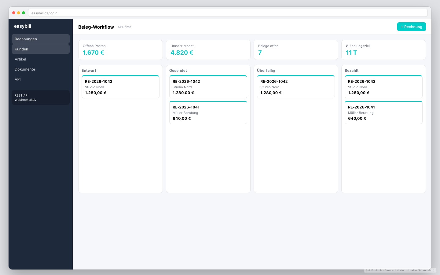 easybill – Board / Workflow (Demo-UI mit Freelancer-Demodaten, kein offizieller Screenshot)