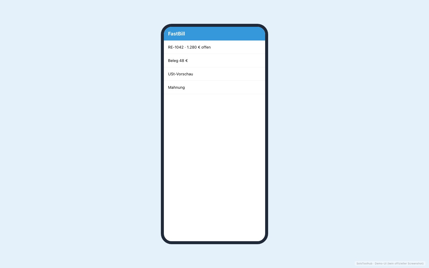 FastBill – Mobile (Demo-UI mit Freelancer-Demodaten, kein offizieller Screenshot)