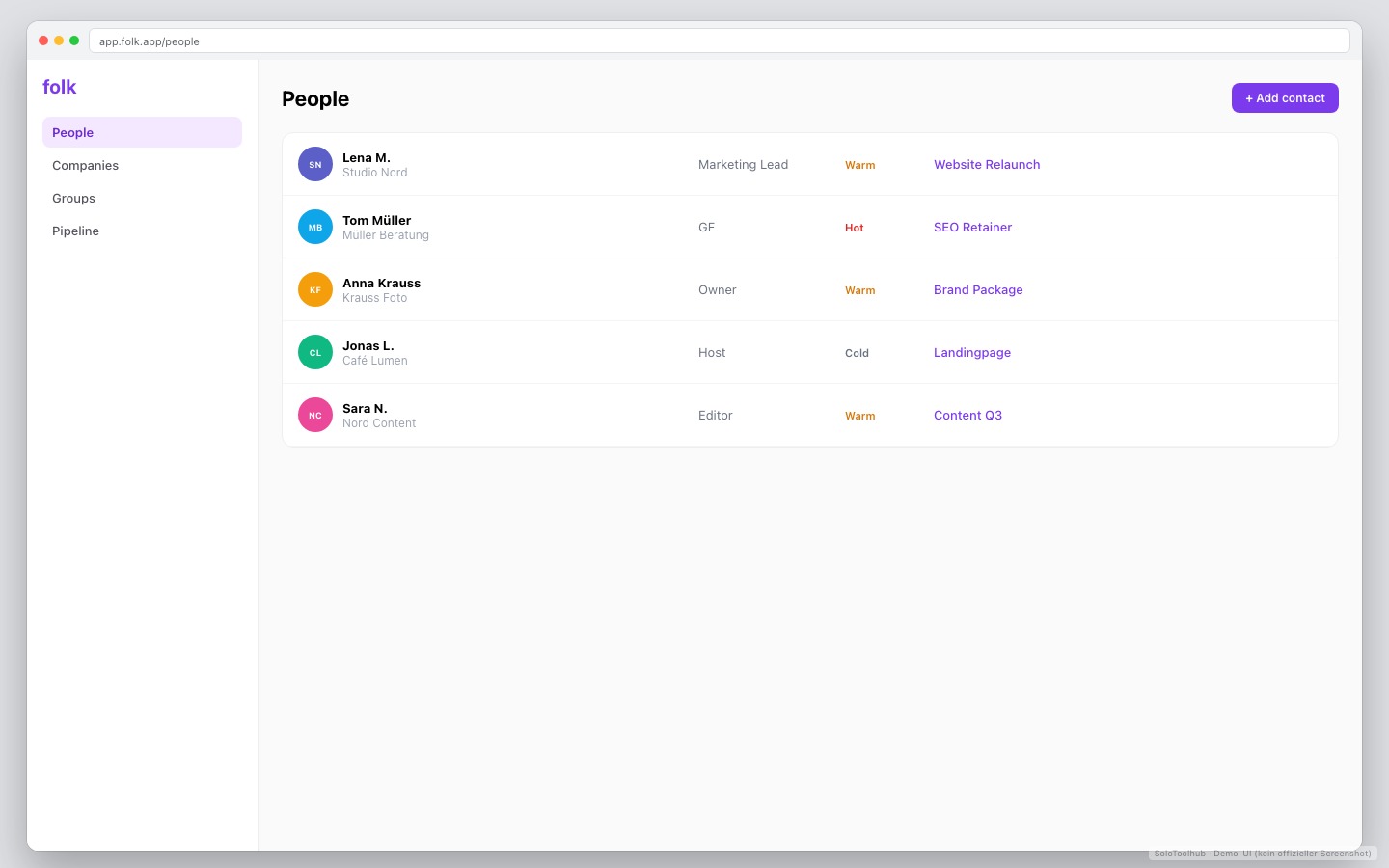 folk – Dashboard · Arbeitsansicht (Demo-UI mit Freelancer-Demodaten, kein offizieller Screenshot)