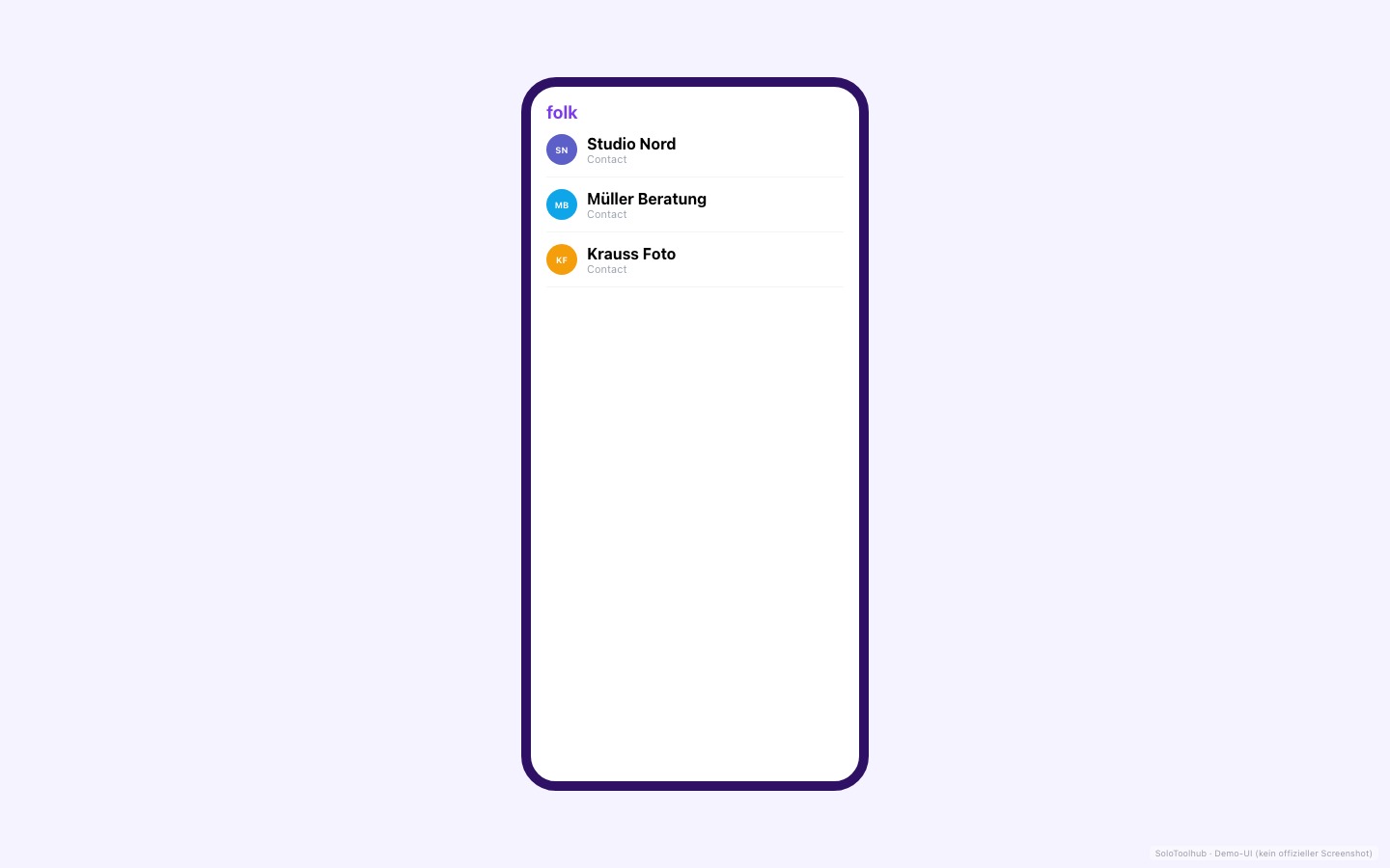 folk – Mobile (Demo-UI mit Freelancer-Demodaten, kein offizieller Screenshot)