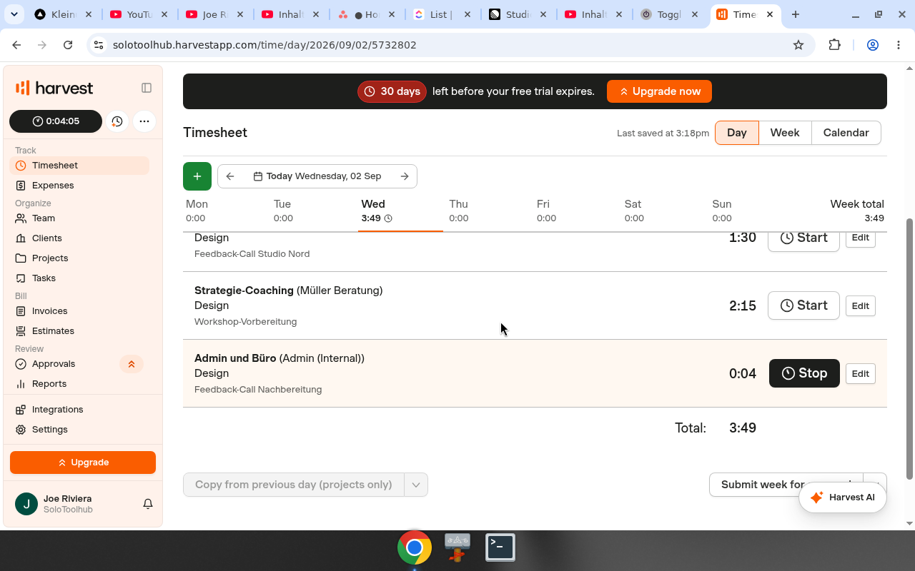 Harvest – Dashboard. Real UI from a free/trial account