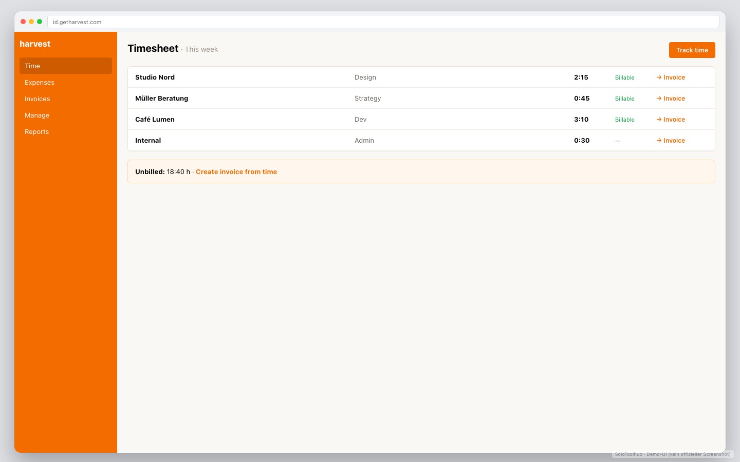 Harvest – Board / Workflow (Demo-UI mit Freelancer-Demodaten, kein offizieller Screenshot)