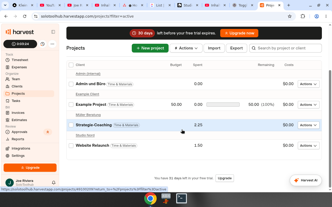 Harvest – Liste. Real UI from a free/trial account