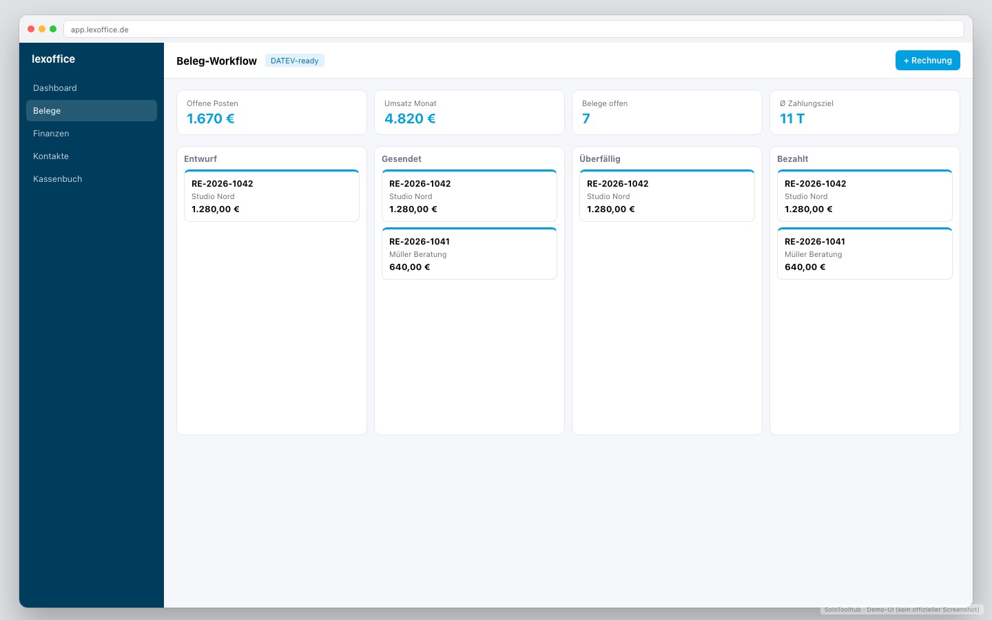 lexoffice – Board / Workflow (Demo-UI mit Freelancer-Demodaten, kein offizieller Screenshot)