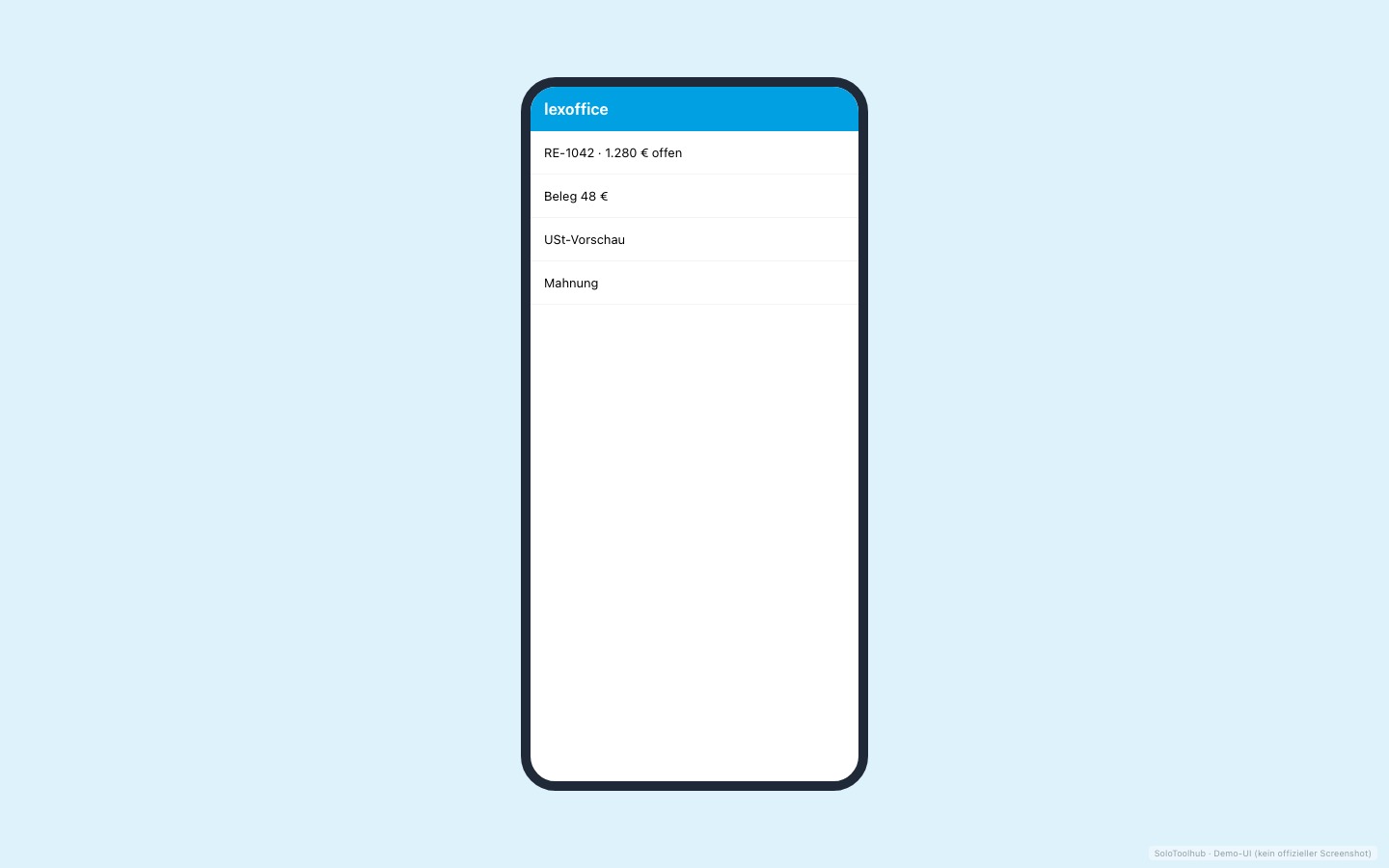 lexoffice – Mobile (Demo-UI mit Freelancer-Demodaten, kein offizieller Screenshot)