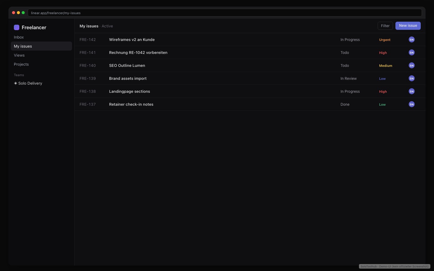 Linear – Board / Workflow (Demo-UI mit Freelancer-Demodaten, kein offizieller Screenshot)