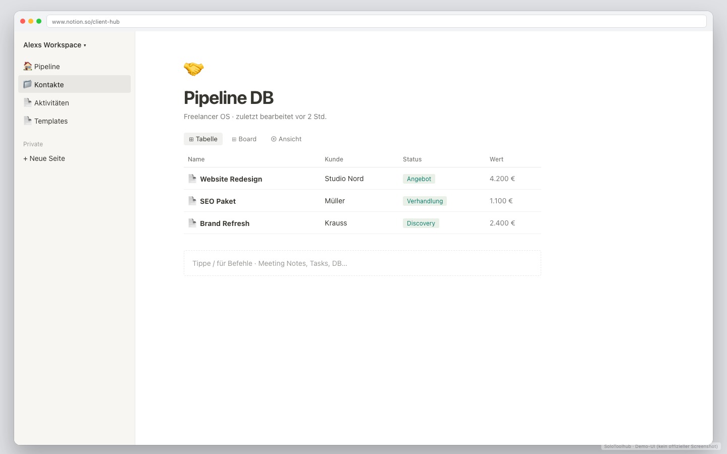 Notion (Light-CRM) – Board / Workflow (Demo-UI mit Freelancer-Demodaten, kein offizieller Screenshot)