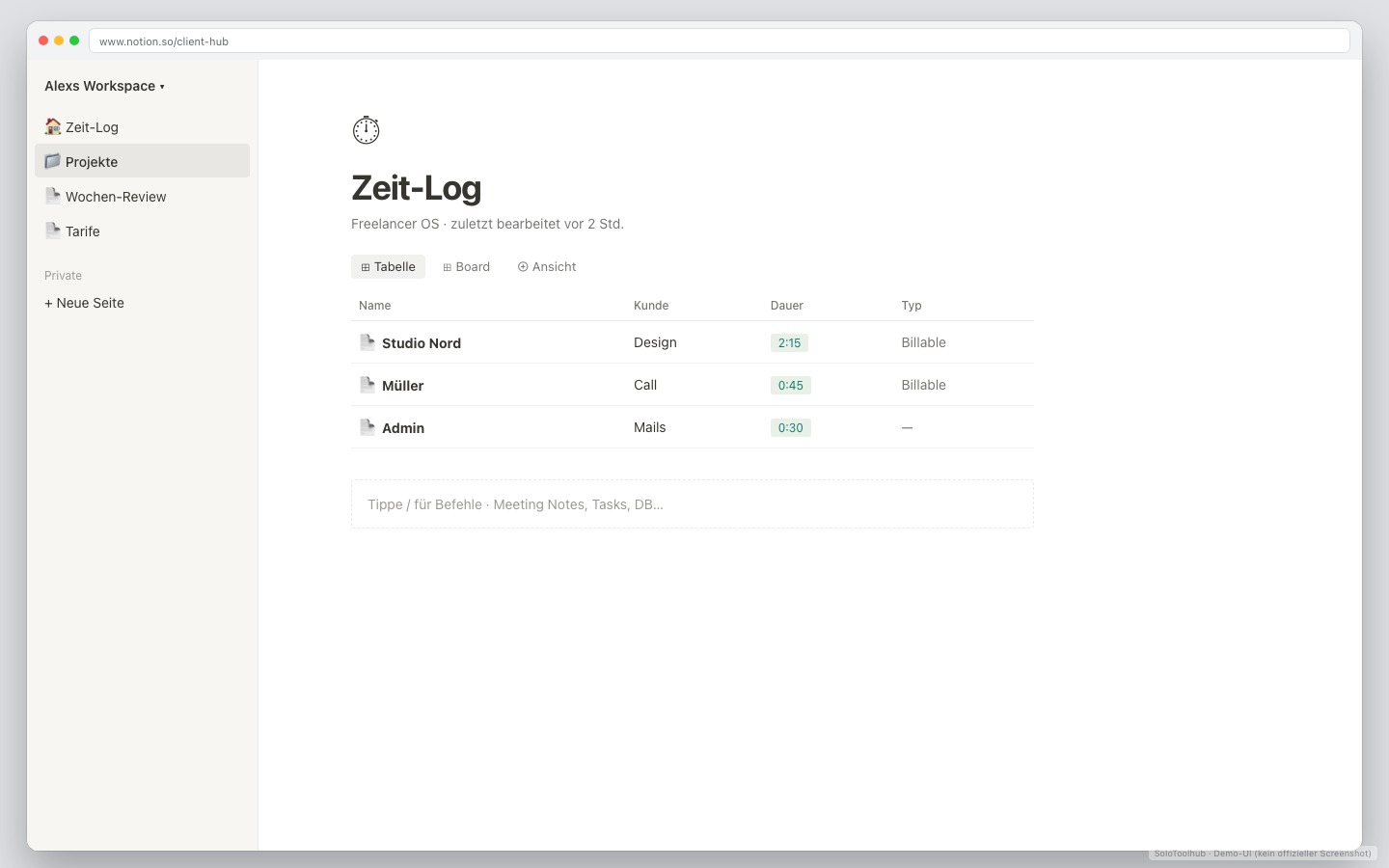 Notion / Tabellen (Light) – Dashboard · Arbeitsansicht (Demo-UI mit Freelancer-Demodaten, kein offizieller Screenshot)