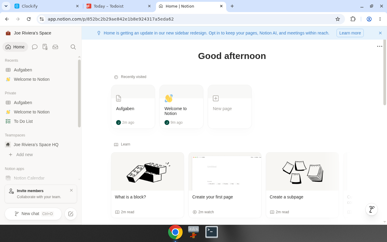 Notion – Dashboard. Real UI from a free/trial account