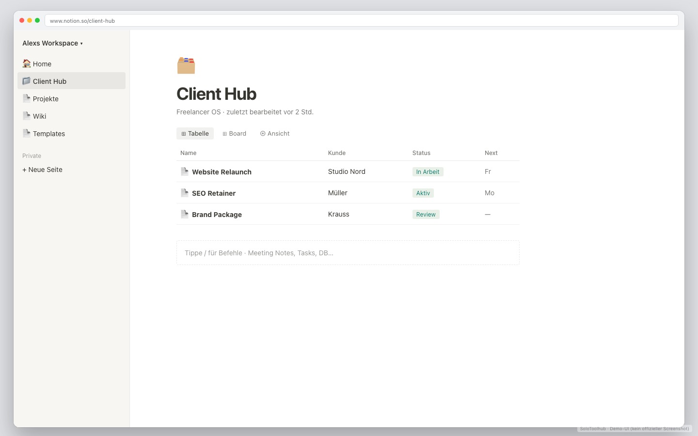 Notion – Board / Workflow (Demo-UI mit Freelancer-Demodaten, kein offizieller Screenshot)