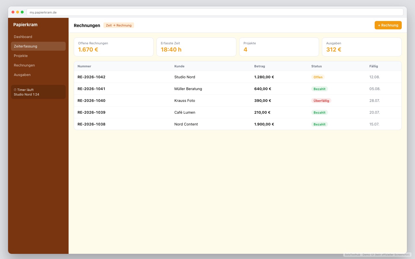 Papierkram – Dashboard · Arbeitsansicht (Demo-UI mit Freelancer-Demodaten, kein offizieller Screenshot)
