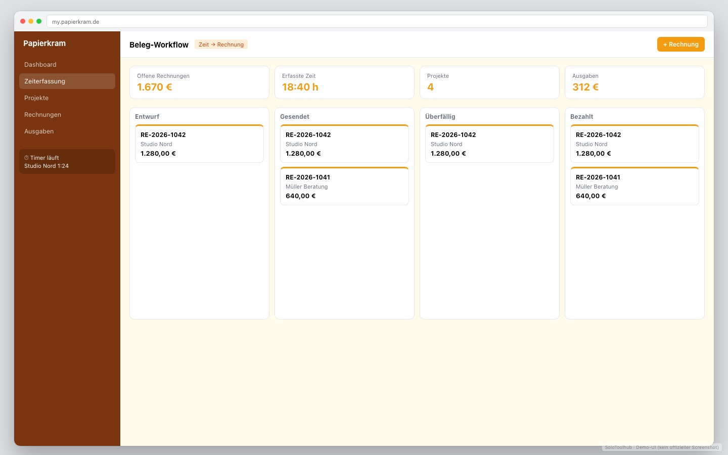 Papierkram – Board / Workflow (Demo-UI mit Freelancer-Demodaten, kein offizieller Screenshot)