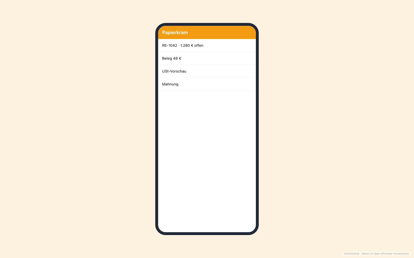 Papierkram – Mobile (Demo-UI mit Freelancer-Demodaten, kein offizieller Screenshot)