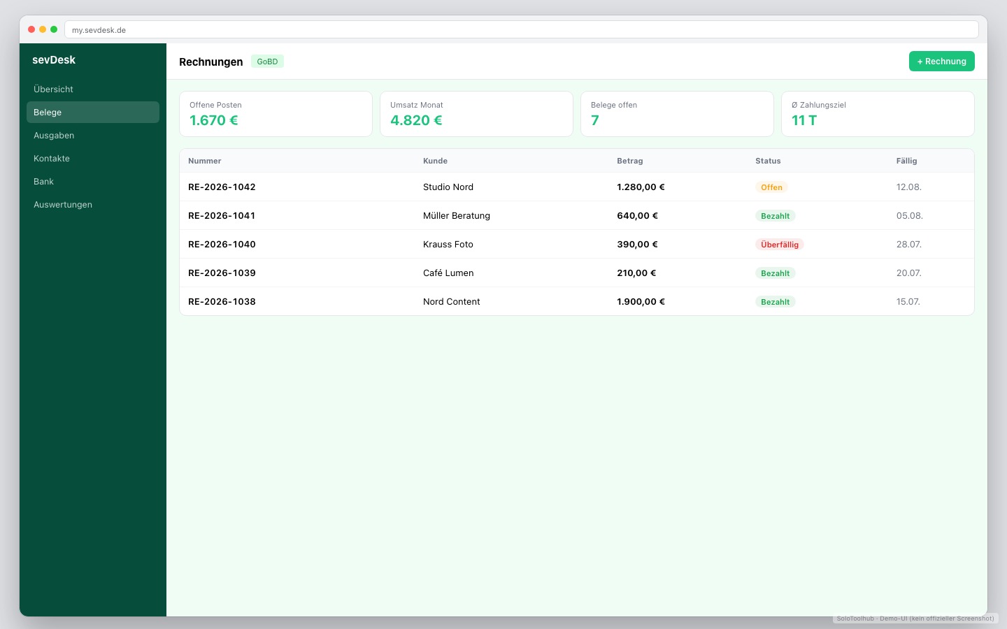 sevDesk – Dashboard · Arbeitsansicht (Demo-UI mit Freelancer-Demodaten, kein offizieller Screenshot)