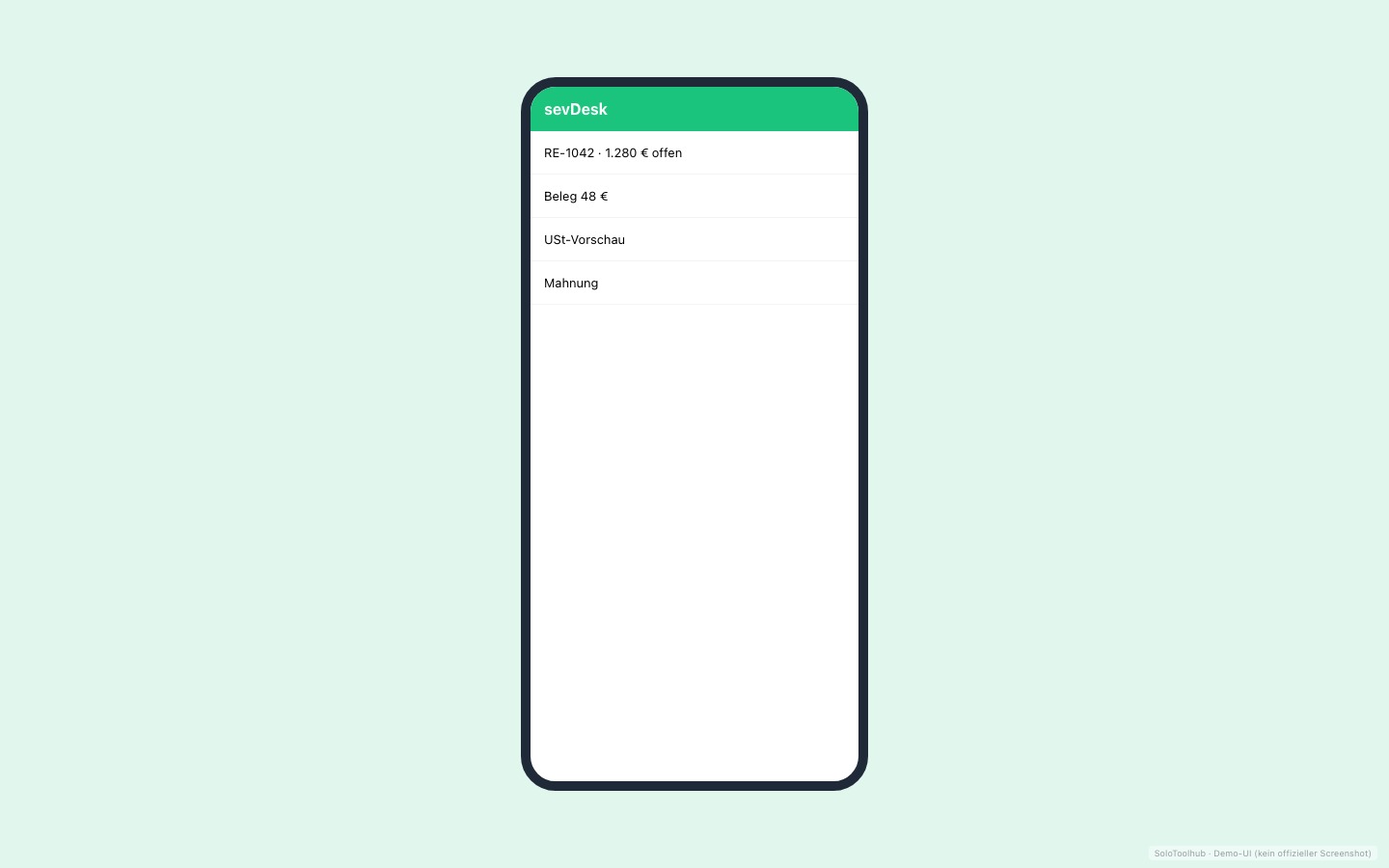 sevDesk – Mobile (Demo-UI mit Freelancer-Demodaten, kein offizieller Screenshot)