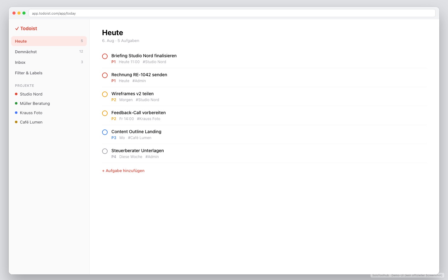 Todoist – Dashboard · Arbeitsansicht (Demo-UI mit Freelancer-Demodaten, kein offizieller Screenshot)