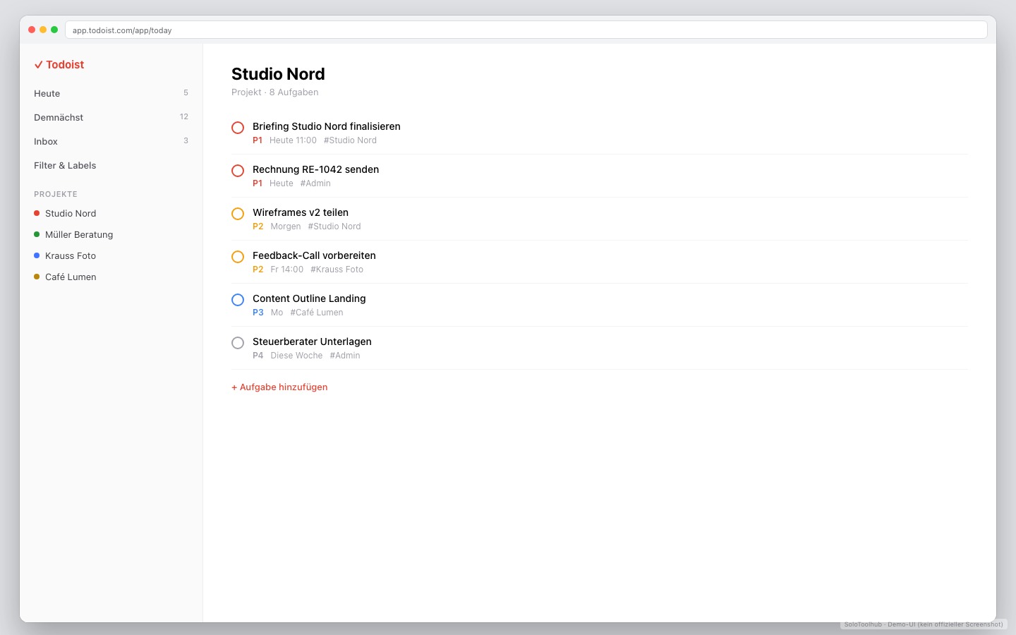 Todoist – Board / Workflow (Demo-UI mit Freelancer-Demodaten, kein offizieller Screenshot)