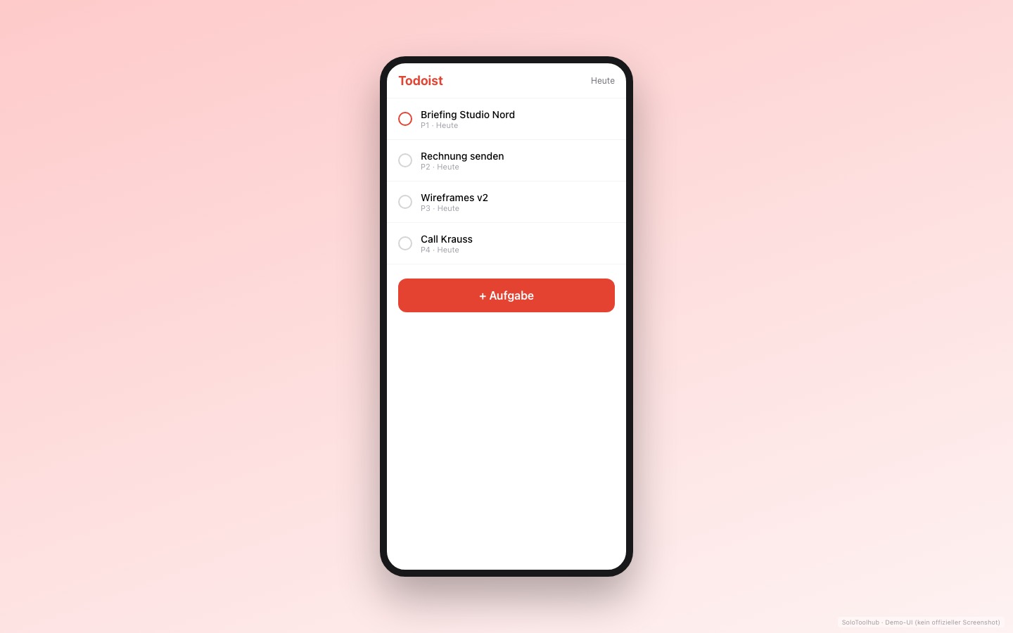 Todoist – Mobile (Demo-UI mit Freelancer-Demodaten, kein offizieller Screenshot)