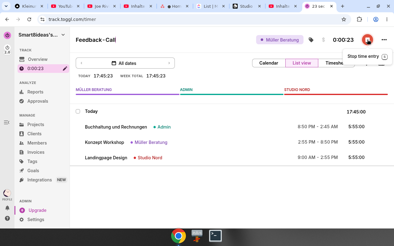 Toggl Track – Dashboard. Real UI from a free/trial account