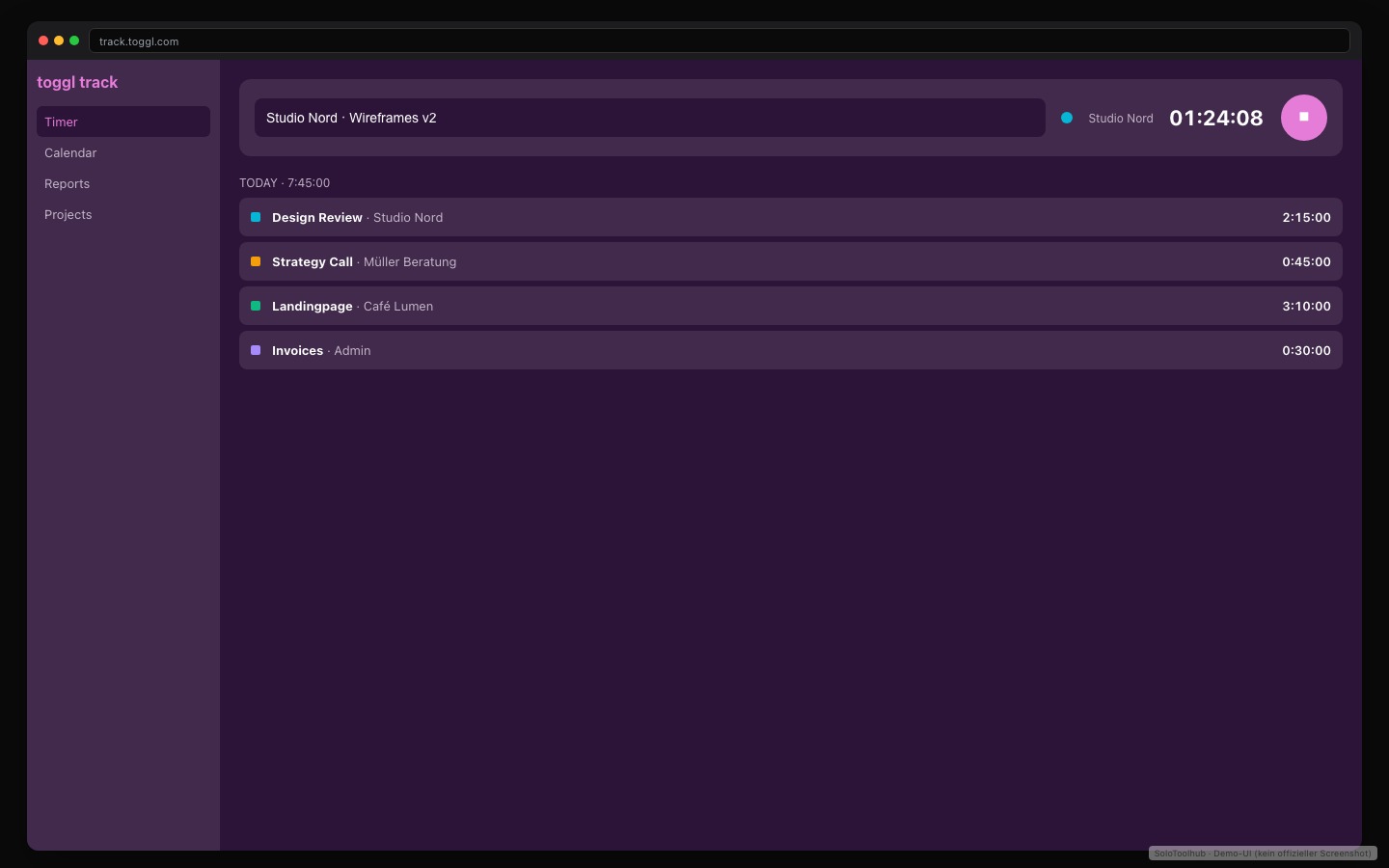 Toggl Track – Board / Workflow (Demo-UI mit Freelancer-Demodaten, kein offizieller Screenshot)