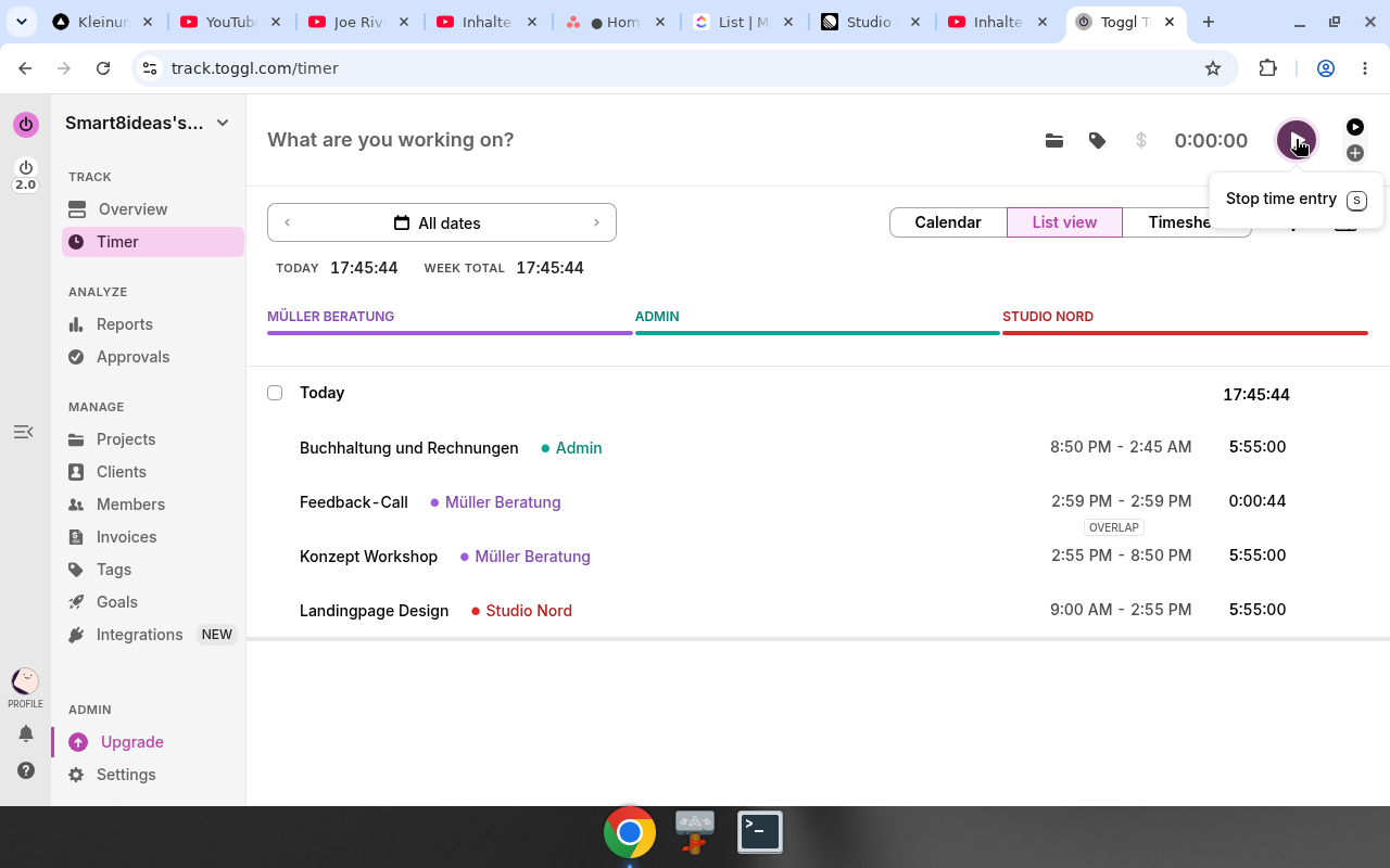 Toggl Track – Liste. Real UI from a free/trial account