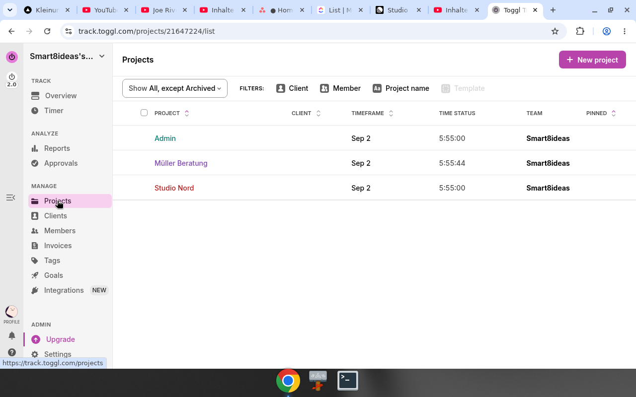 Toggl Track – Projekte. Real UI from a free/trial account