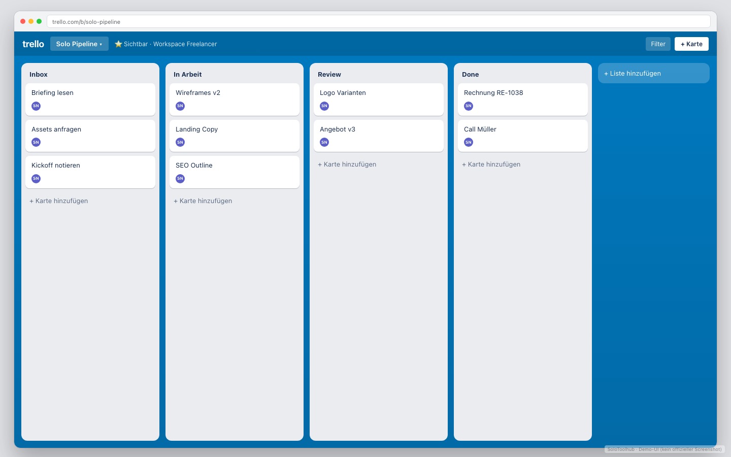 Trello – Dashboard · Arbeitsansicht (Demo-UI mit Freelancer-Demodaten, kein offizieller Screenshot)